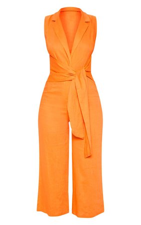 Bright Orange Blazer Style Tie Waist Jumpsuit | PrettyLittleThing