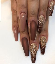 Taupe Bronze Gold Ombre Coffin nails | Ombre nail designs, Gold nails, Trendy nails