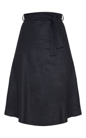 Black Linen Mix Tie Waist Midi Skirt | Skirts | PrettyLittleThing USA