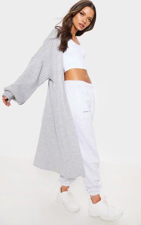 Grey Ribbed Knitted Midi Cardigan | Knitwear | PrettyLittleThing