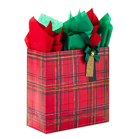 12.5x12.5x5.75" Hallmark Signature 12" Large Square Christmas Gift Bag with Tissue Paper (Elegant Red and Gold Plaid with Bow and Jingle Bell)
