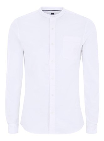 White Muscle Fit Stand Collar Oxford Long Sleeve Shirt