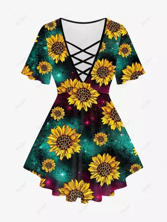 Sunflower Galaxy Printed Crisscross Short Sleeves Tee [32% OFF] | Rosegal