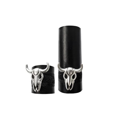 Bull's skull antique silver metal on black soft stretch faux leather ring