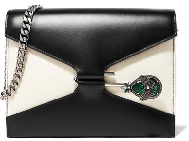 Pin Swarovski Crystal-embellished Two-tone Leather Shoulder Bag - Black