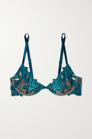 Turquoise Lily velvet and satin-trimmed embroidered stretch-tulle underwired bra | Fleur du Mal | NET-A-PORTER
