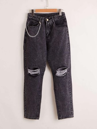 High Waisted Ripped Detail Mom Jeans With Chain | SHEIN USA