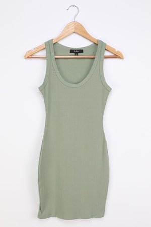 Sage Green Dress - Ribbed Mini Dress - Scoop Neck Bodycon Dress - Lulus