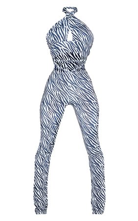 Monochrome Zebra Print Cross Neck Slinky Jumpsuit | PrettyLittleThing USA