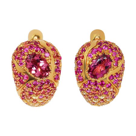 Mousson Atelier Pink Tourmaline 0.96 Carat Sapphire Rubies Yellow 18 Karat Gold Riviera Earrings