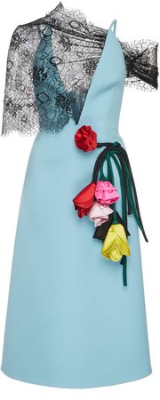 Deep V-Neck Lace Floral Appliqué Midi Dress