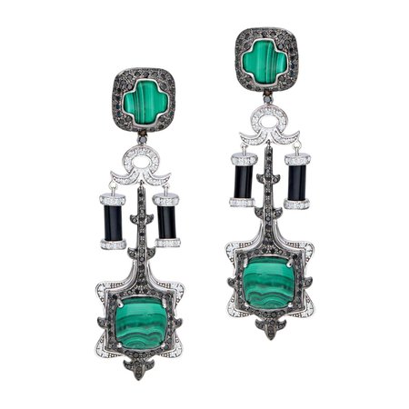 H.Ajoomal Malachite Cabochon, Black Onyx Earrings with Black and White Diamonds For Sale at 1stDibs