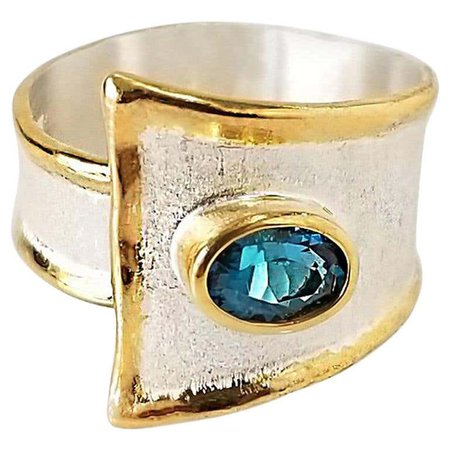 Yianni Creations Blue Topaz Fine Silver 24 Karat Gold Two Tone Wide Band Ring For Sale at 1stDibs