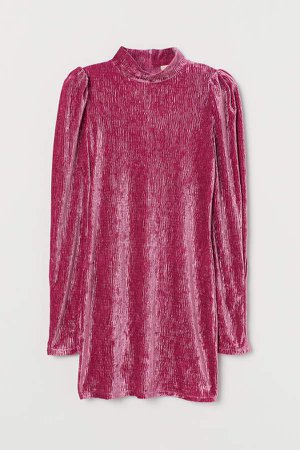 Puff-sleeved Velour Dress - Pink