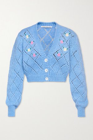Cropped Embroidered Pointelle-knit Alpaca-blend Cardigan - Light blue