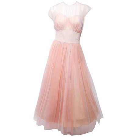 50s Pastel Pink and Blue Cocktail Dress w/ Sweetheart Illusion Neckline For Sale at 1stdibs
