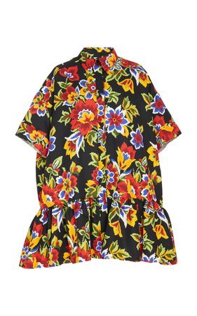 Carolina Herrera Floral Print Cotton-Silk Mini Shirt Dress With Ruffle Hem