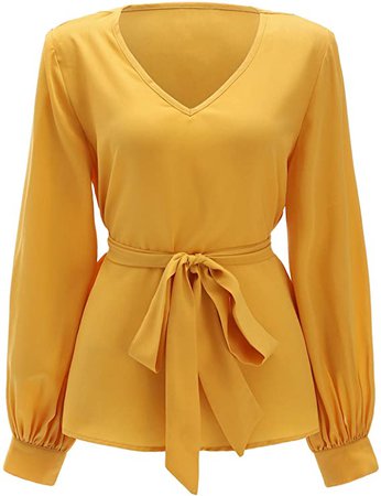 Romwe Women's Elegant Belted Long Sleeve Casual Office Work Blouse Shirts Tops at Amazon Women’s Clothing store