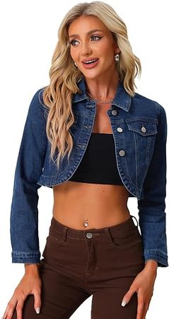 Allegra K Denim Jacket for Women's Collared Button Down Long Sleeve Crop Jean Jackets at Amazon Women's Coats Shop