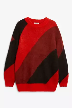 Red and black soft heavy knit sweater - Red & black diagonal - Monki WW