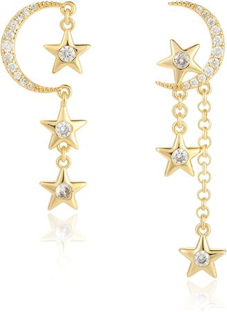 Amazon.com: Moon Star Earrings for Women - 16K Gold Plated 925 Sterling Silver Needle Long Chain Hanging Tassel Earring Dainty Cute Hypoallergenic Zirconia Jewelry: Clothing, Shoes & Jewelry