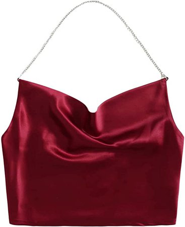SheIn Women's Satin Chain Halter Neck Shirred Back Draped Crop Cami Top at Amazon Women’s Clothing store
