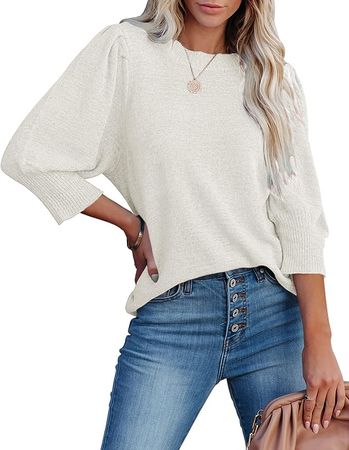 Womens Puff Sleeve Sweaters Crewneck 3/4 Sleeve Knit Pullover Tops Solid Color Knitted Casual Thin Sweater Shirts at Amazon Women’s Clothing store
