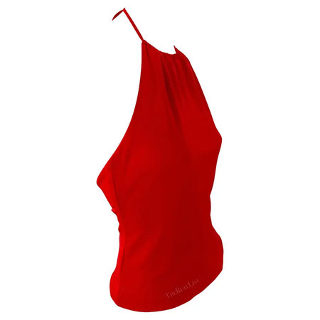 2000s Yigal Azrouël Red Viscose Stretch Backless Halter Crop Top Y2K