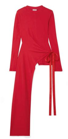 Draped Asymmetric Stretch-cotton Jersey Wrap Top - Red