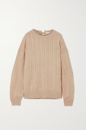 Beige Bead-embellished cable-knit cashmere sweater | Brunello Cucinelli | NET-A-PORTER