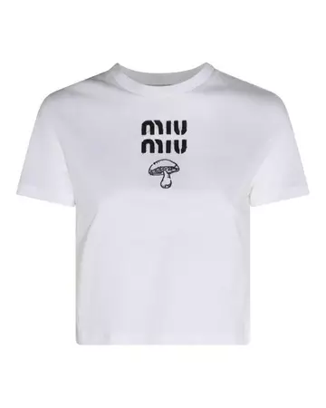 Miu Miu Logo-embroidered Crewneck T-shirt in Blue | Lyst