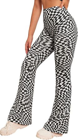 WDIRARA Women's High Waist Casual Flare Bell Bottom Stretch Snakeskin Long Pants Black White Checked S at Amazon Women’s Clothing store