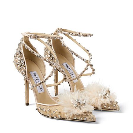 Ballet-Pink Lace Wraparound Heels with Feather and Crystal embellishment | Cruise '20 | JIMMY CHOO