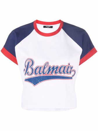 Balmain logo-print raglan-sleeve cropped T-shirt