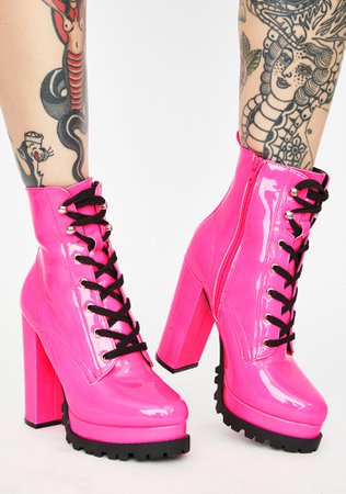 Patent Vegan Leather Lace Up Ankle Boots - Pink | Dolls Kill