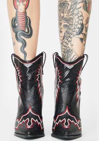 Snakeskin Printed Cowboy Boots Heeled Black | Dolls Kill