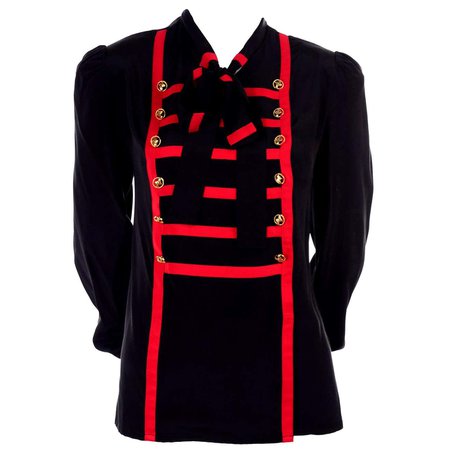Adolfo Vintage Black Silk Blouse w Red Stripes Bandleader Style w/ Gold Buttons For Sale at 1stDibs