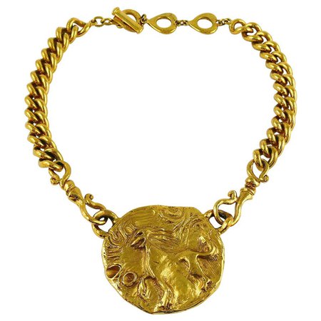 Yves Saint Laurent YSL Gold Toned Mythological Creature Medallion Necklace For Sale at 1stdibs