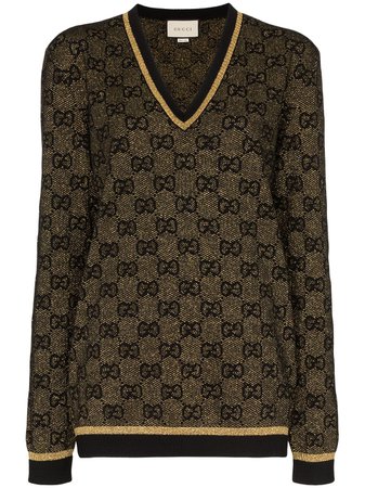 Black & gold Gucci V-neck lurex knit GG sweater - Farfetch