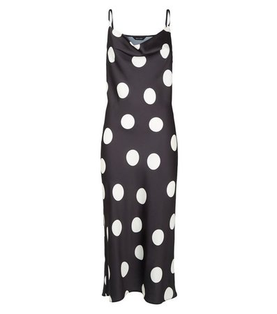 Black Polka Dot Satin Midi Slip Dress | New Look
