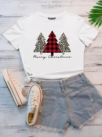 white Christmas Tree & Slogan Graphic Tee | SHEIN USA