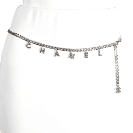 CHANEL | Silver Vintage 02A Rhinestone Logo Letter Chain Belt