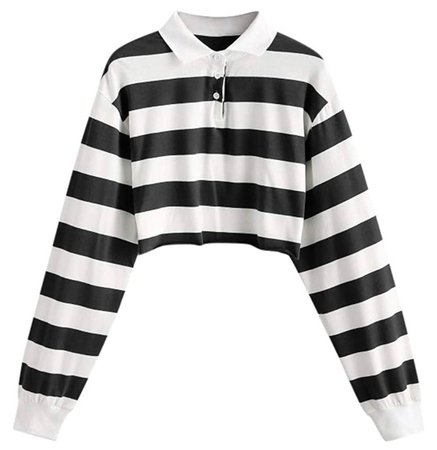 Striped Collared Long Sleeve Crop Top Black and White