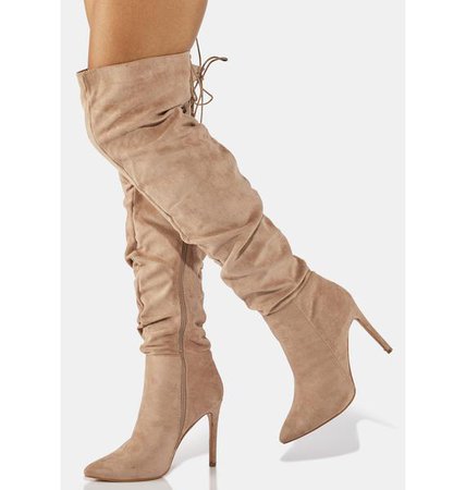 Faux Suede Back Lace Up Stiletto Knee High Boots - Beige | Dolls Kill