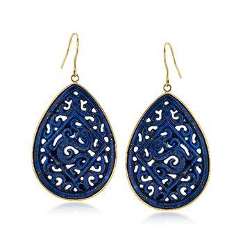 Ross-Simons - Carved Lapis Scrolled Teardrop Earrings in 14kt Yellow Gold - #884332