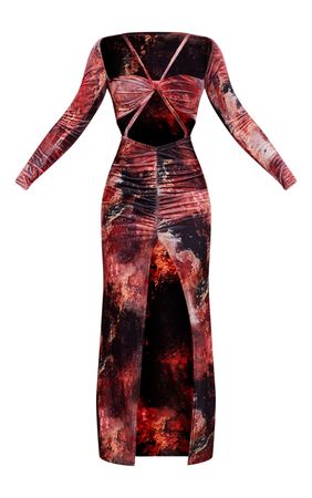Multi Abstract Print Velvet Twist Detail Midaxi Dress | PrettyLittleThing USA