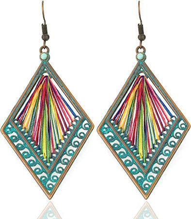 Amazon.com: Rainbow Thread Geometric Dangle Earrings: Bronze & Teal Threader Bohemian Multi Color Jewelry for Women (Rainbow Thread): Clothing, Shoes & Jewelry