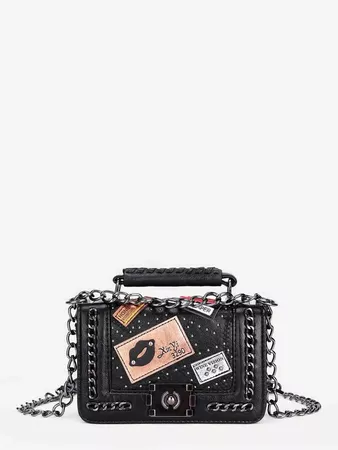 Patch Decorated Chain Satchel Bag