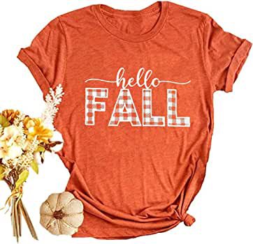 Hello Fall Shirt for Women Plaid Pumpkin Graphic Tees Casual Autumn Thanksgiving T-Shirt Tops (Orange-1, Medium) at Amazon Women’s Clothing store