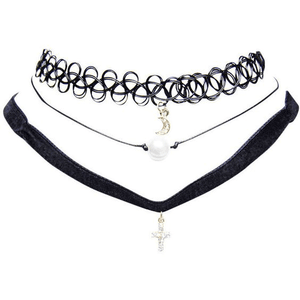 LAYERED CHOKER PEARL CROSS AND CRESCENT MOON